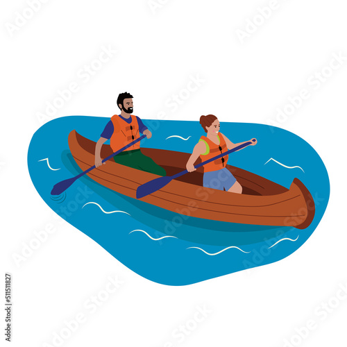 Couple kayaking together illustration. Young couple kayaking on lake together  Kayaking sport competition. Man and woman vacation  Wild and water fun on summer. Vector illustration in a flat style