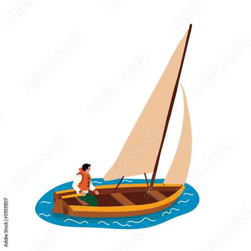 Man is sailing. Active yachting with adrenaline racing water. Male character yacht straightens sail downwind. Outdoor journey with scenic lagoon cruises. Vector flat illustration isolated