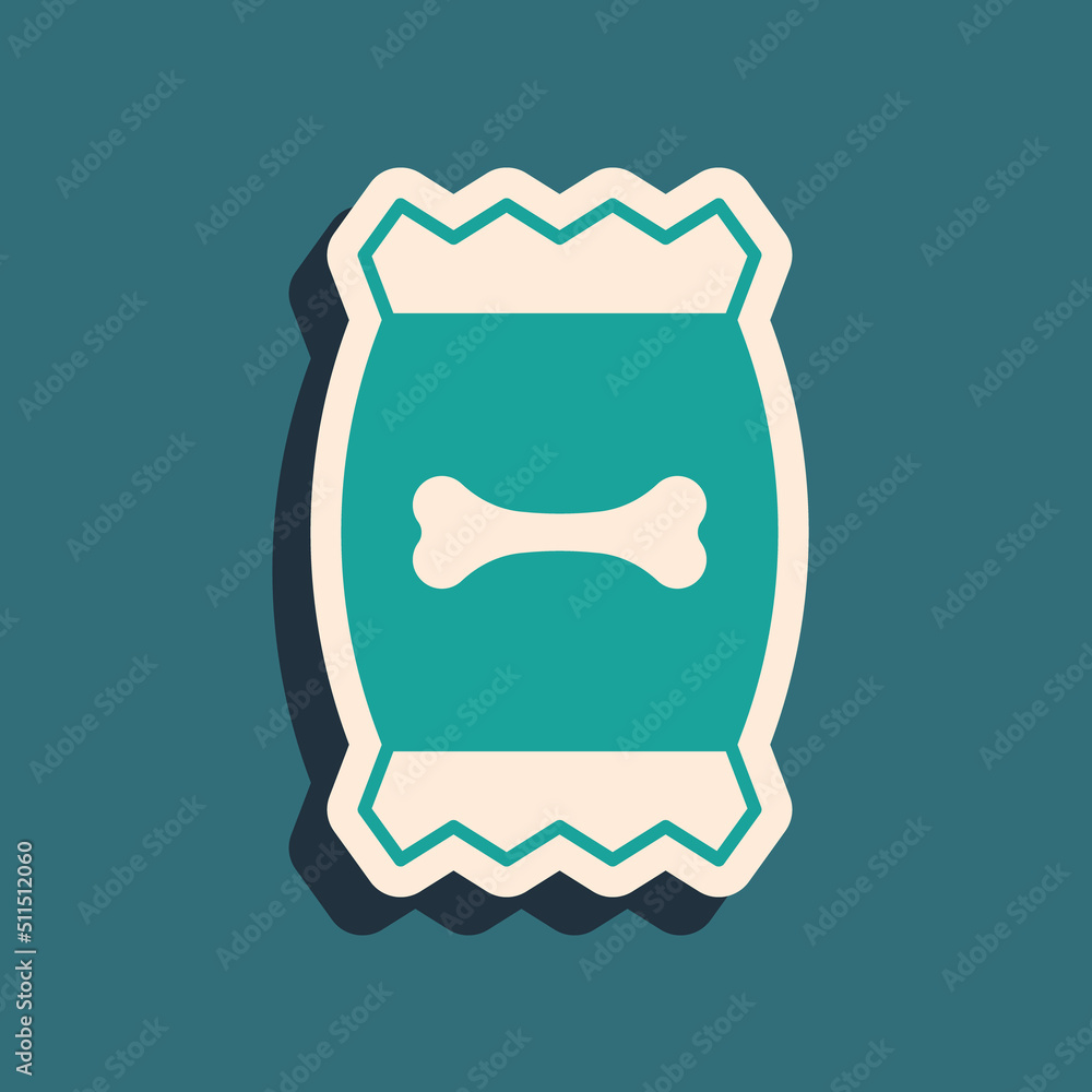 Green Bag of food for pet icon isolated on green background. Food for animals. Dog bone sign. Pet food package. Long shadow style. Vector Green Bag of food for pet icon isolated on green background. Food for animals. Dog bone sign. Pet food package. Long shadow style. Vector