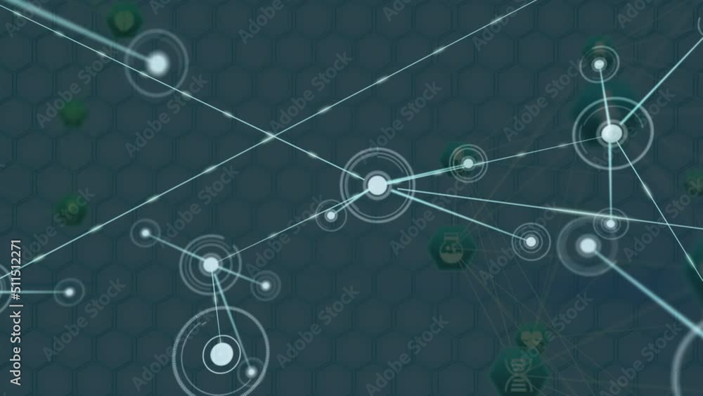 Animation of network of connections with icons over dark background Animation of network of connections with icons over dark background