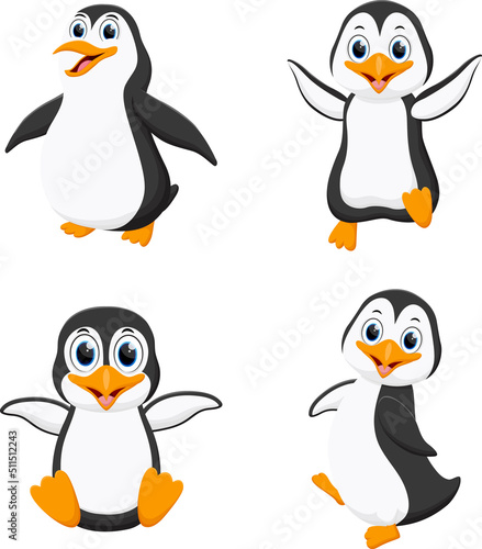 Set of cute cartoon penguin isolated on white background