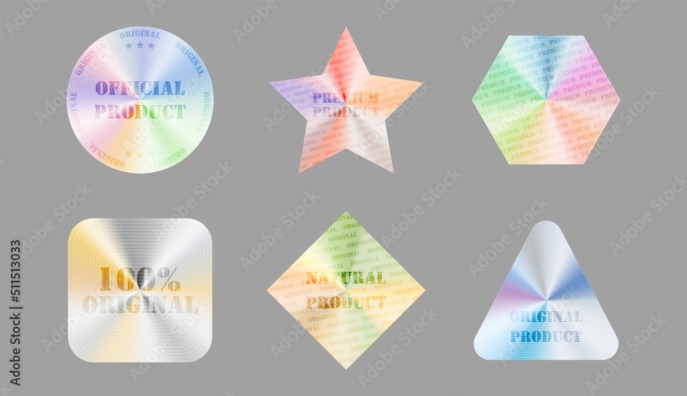 Holographic stickers for stamp. Hologram label set in different shapes. Collection of genuine signs for design. Product certification and guarantee symbol with watermark. Vector isolated illustration