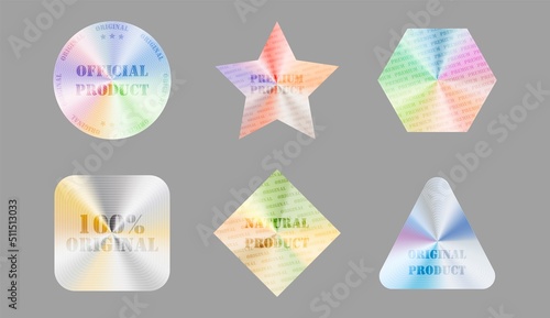 Holographic stickers for stamp. Hologram label set in different shapes. Collection of genuine signs for design. Product certification and guarantee symbol with watermark. Vector isolated illustration