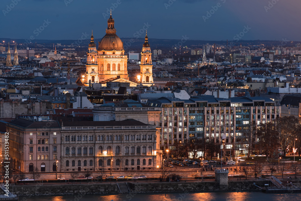 St. Stephen's basilica and Budapest cityscape at night. Hungary