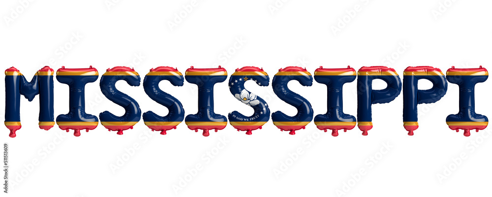 3d illustration of mississippi-letter balloons with state flag colors isolated on white background