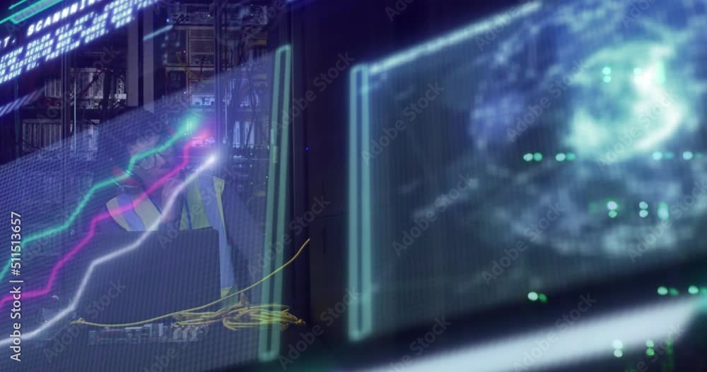 Animation of data processing over asian male worker in server room Animation of data processing over asian male worker in server room