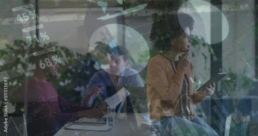 Animation of data processing over diverse business people talking Animation of data processing over diverse business people talking