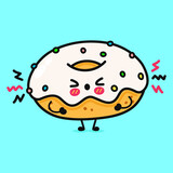 Cute angry Donut character. Vector hand drawn cartoon kawaii character illustration icon. Isolated on blue background. Sad Donut character concept