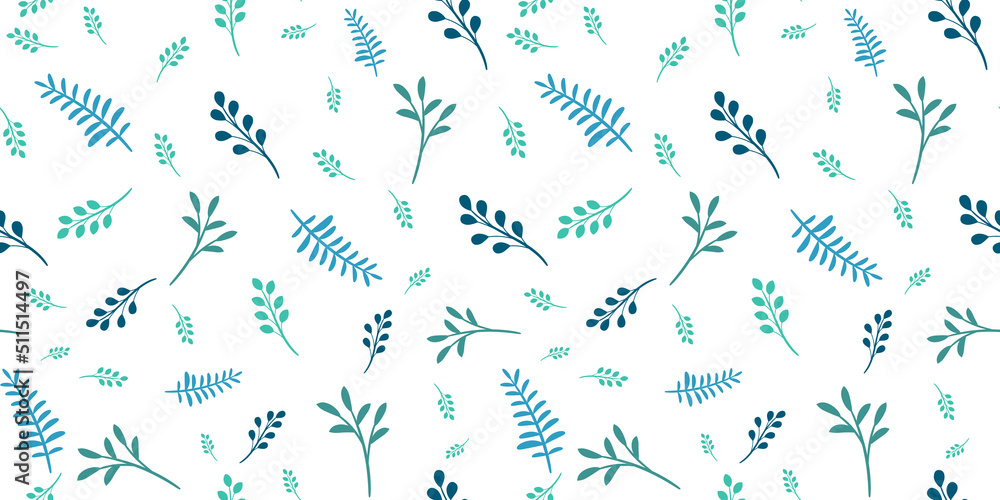 Naklejka premium Blue and white seamless pattern with leaves, leaf background