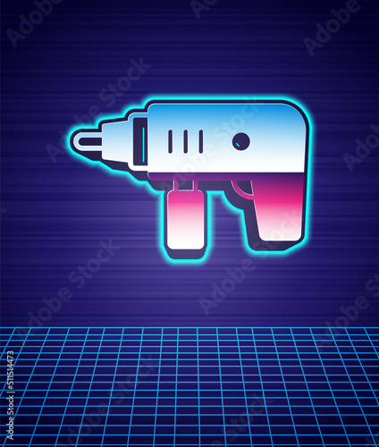 Retro style Electric drill machine icon isolated futuristic landscape background. Repair tool. 80s fashion party. Vector