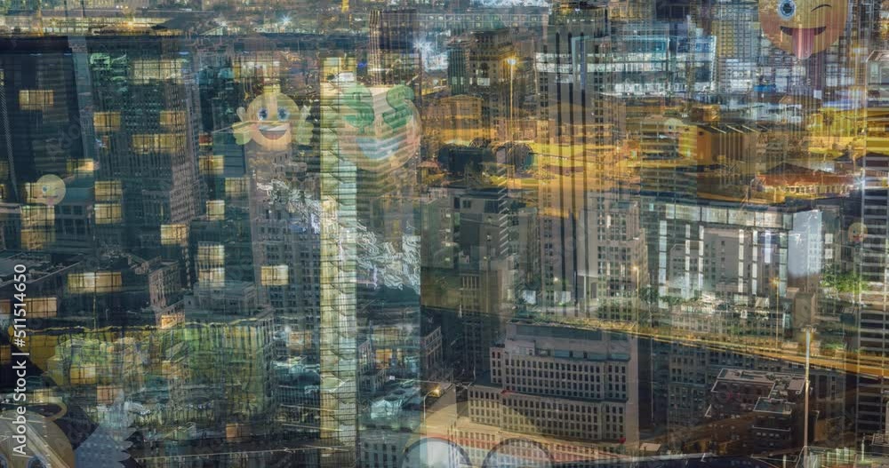 Animation of emoticons floating over cityscape Animation of emoticons floating over cityscape
