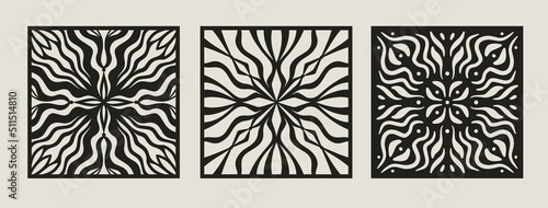 Set of Laser cut vector Decotative panel. Cutout silhouette with geometric Ornament Pattern. Square Template for cnc cutting, panels of wood, metal, paper, plastic