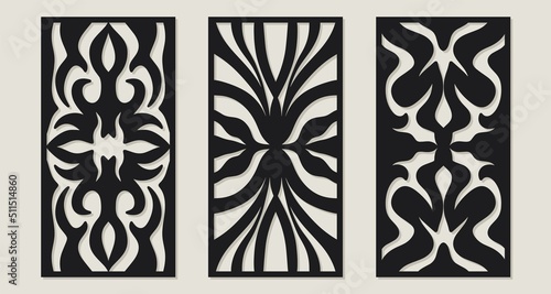 Laser cut pattern set. Vector design with elegant geometric ornament, abstract floral grid, mesh. Template for cnc cutting, decorative panels of wood, metal, paper, plastic