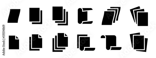 Paper sheet files icon set. Collection of stack page document solid style symbol illustration.