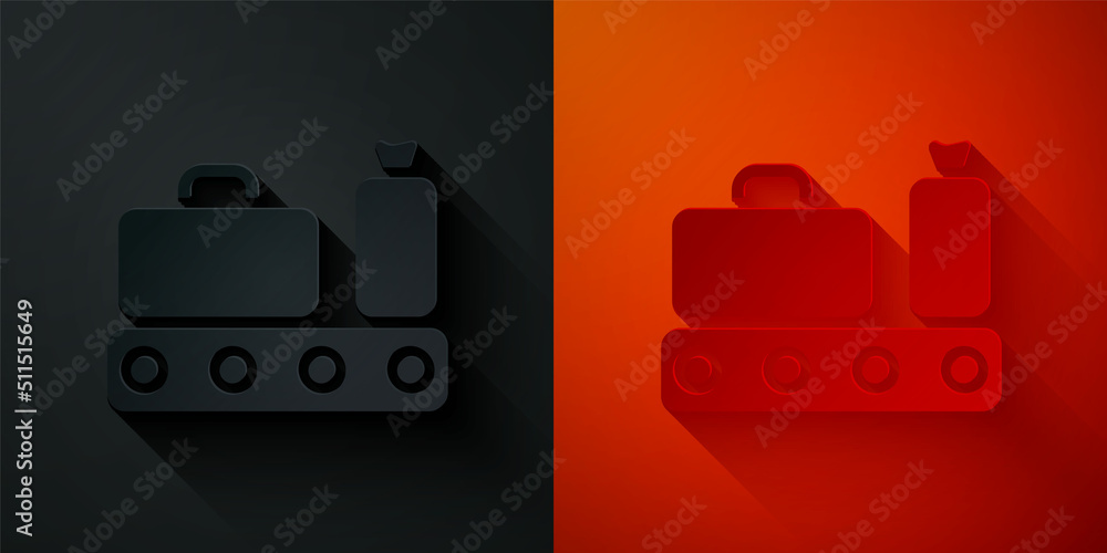 Paper cut Airport conveyor belt with passenger luggage, suitcase, bag, baggage icon isolated on black and red background. Paper art style. Vector Paper cut Airport conveyor belt with passenger luggage, suitcase, bag, baggage icon isolated on black and red background. Paper art style. Vector
