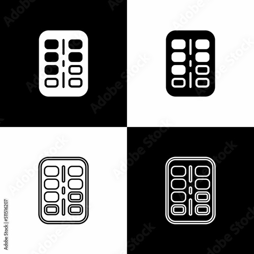 Set Nicotine gum in blister pack icon isolated on black and white background. Helps calm cravings and reduces anxiety caused by quitting smoking. Vector