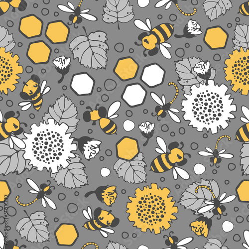 Floral pattern. Seamless vector pattern with large sunflower flowers, bees and dragonflies, small buds on a branch, various foliage. Botanical print printing of fabrics products.