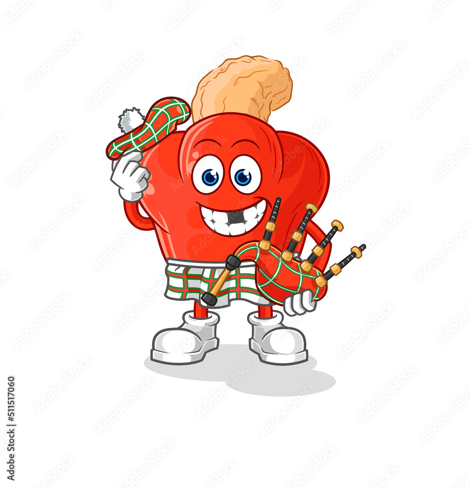 Obraz premium cashew fruit scottish with bagpipes vector. cartoon character