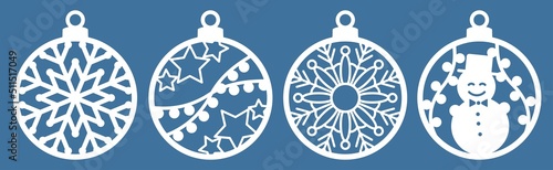 Silhouette of Christmas round toys. Christmas tree decorations set. Balls with snowflakes, deer, stars, fairy lights and a snowman. Template for laser cutting. Isolated vector illustration.