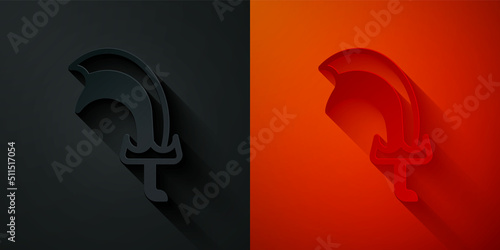 Paper cut Sword for game icon isolated on black and red background. Paper art style. Vector