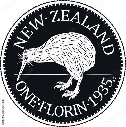 new zealand coin one florin year 1935 handmade design vector