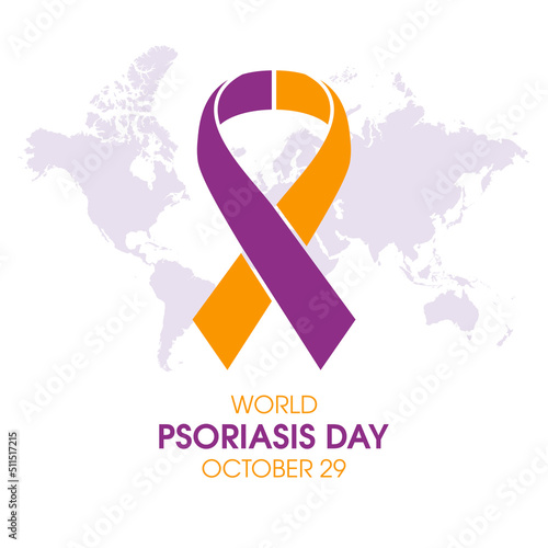 World Psoriasis Day vector. Purple and orange color awareness ribbon and world map silhouette icon vector isolated on a white background. October 29. Important day