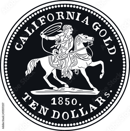 10 dollar gold coin with horse and cowboy california 1850 black design silhouette