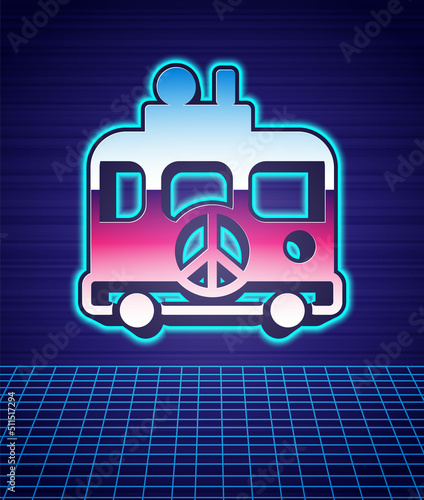 Retro style Hippie camper van icon isolated futuristic landscape background. Travel by vintage bus. Tourism, summer holiday. 80s fashion party. Vector