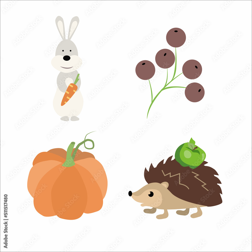 Set of pictures for autumn. Hare with a carrot. Berries. Hedgehog with an apple. Pumpkin. Vector illustration isolated on white background. Set of pictures for autumn. Hare with a carrot. Berries. Hedgehog with an apple. Pumpkin. Vector illustration isolated on white background.