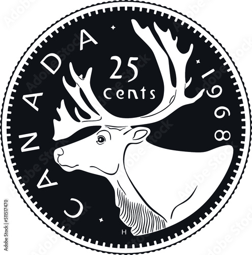 Canada 25 cents coin with deer head  black design handmade silhouette