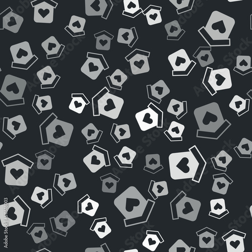 Grey Shelter for homeless icon isolated seamless pattern on black background. Emergency housing, temporary residence for people, bums and beggars without home. Vector