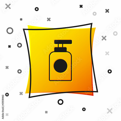 Black Tube of hand cream icon isolated on white background. Yellow square button. Vector