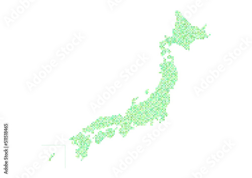 日本地図のイラスト: 緑色のモザイク模様