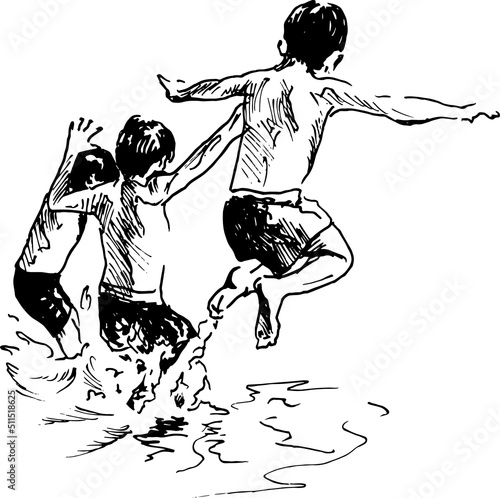 Hand sketch of boys jumping into the water. Vector illustration.