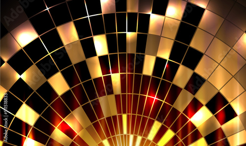 Abstract 3d red and gold, glass, metal, mosaic background. Multicolor gold abstract lights disco background square pixel mosaic. Disco ball. Casino gambling banner concept backdrop. Vector EPS10