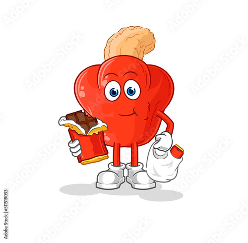 cashew fruit eat chocolate mascot. cartoon vector