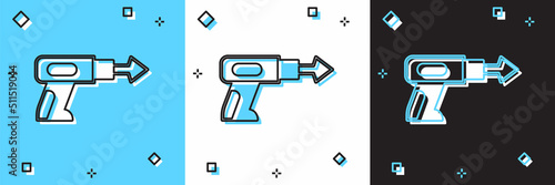 Set Fishing harpoon icon isolated on blue and white, black background. Fishery manufacturers for catching fish under water. Diving underwater equipment. Vector