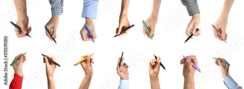 Collage with photos of people holding pens on white background. Banner design photo
