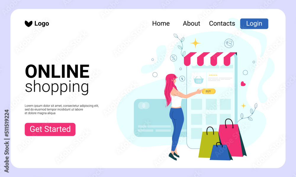 Shop online. Website template: Woman making an online purchase by phone Shop online. Website template: Woman making an online purchase by phone