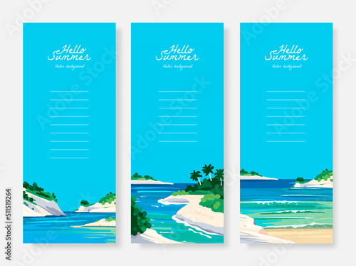 Set of vector landscape background. Beautiful illustration of sandy summer beach. Summer holidays vertical banner design template