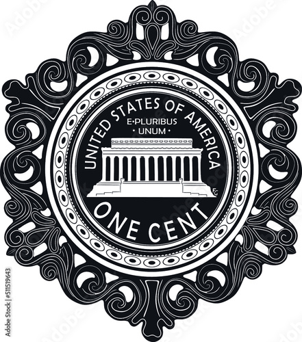 one cent dollar coin with vintage frame handmade silhouette