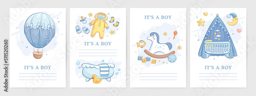 Set of baby shower invitation with hand drawn cartoon toys and clothes, bathtub, hot air balloon and cradle on white background. It's a boy. Vector illustration