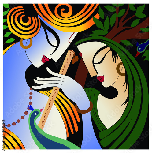Lord Radha Krishna with flute.  Lord Krishna playing bansuri (flute) with Radha rani, Hand Drawn Sketch colorful Vector illustration.