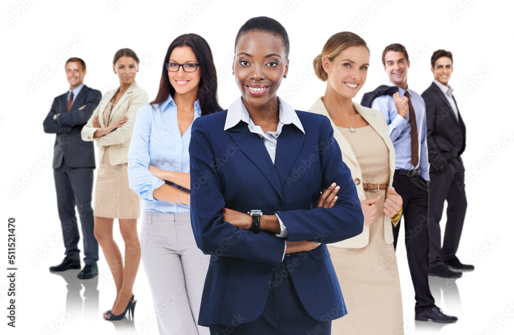 Theyre the best in the industry. Studio shot of a young businesswoman standing in front of her colleagues. Theyre the best in the industry. Studio shot of a young businesswoman standing in front of her colleagues.