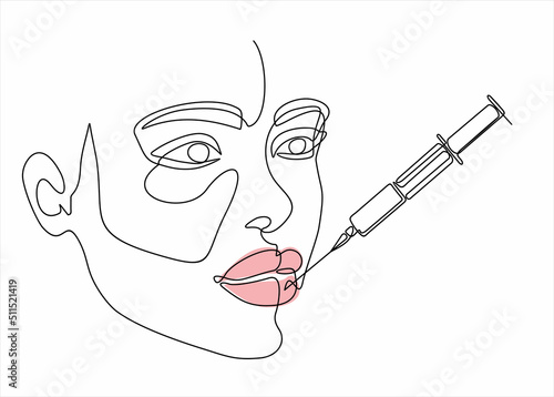 Continuous line beauty surgery concept. One line female portrait. One line syringe, lip filters