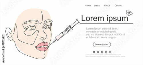 Continuous line beauty surgery concept. One line female portrait. One line syringe, lip filters