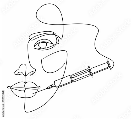 Continuous line beauty surgery concept. One line female portrait. One line syringe, lip filters