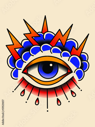 All seeing eye with cloud and lightnings. Old school vector illustration isolated on white background 