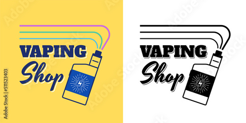 Vape shop vintage logo. Hipster linear vaporizer smoke cloud with lettering. Electronic cigarette store retro style logotype. E-cigarette vaping seller badge vector eps design template