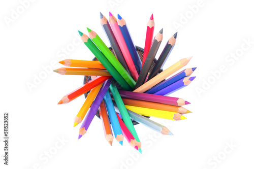 Colored pencils in pencil box isolated on white background.